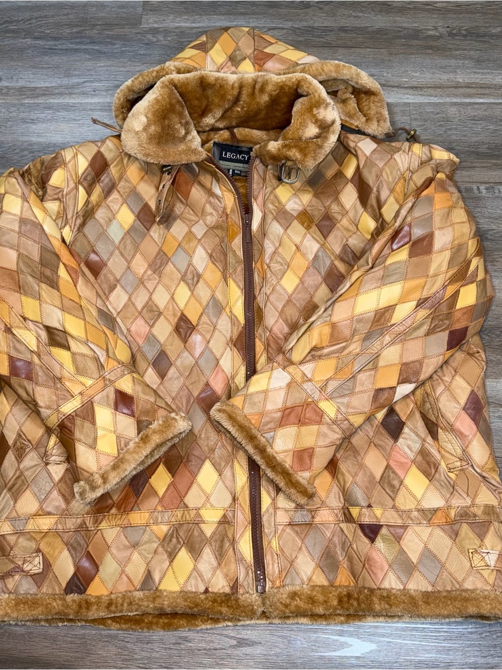 Legacy Brand Coat Mens 5X-Large Leather Faux-Fur Lined Brown Patchwork Design